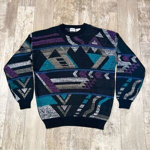 VINTAGE 90s Crewneck Abstract Geometric Patterned Knit Grandpa Sweater Mens XL